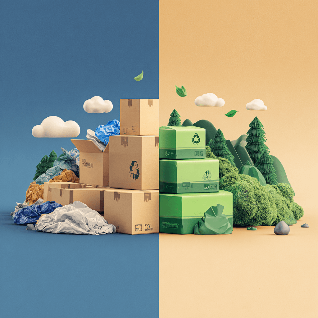 Illustration comparing waste from overpackaging with sustainable eco-friendly packaging, showing piles of excess cardboard and plastic on the left versus neat recyclable green boxes and trees on the right.